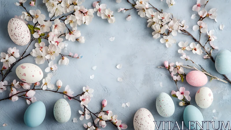 Pastel eggs and blossom branches on light blue background.