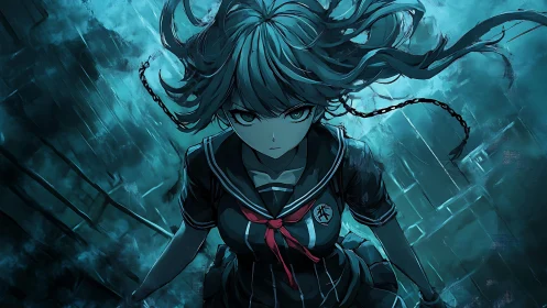 Determined anime warrior girl charges through storm. Period.