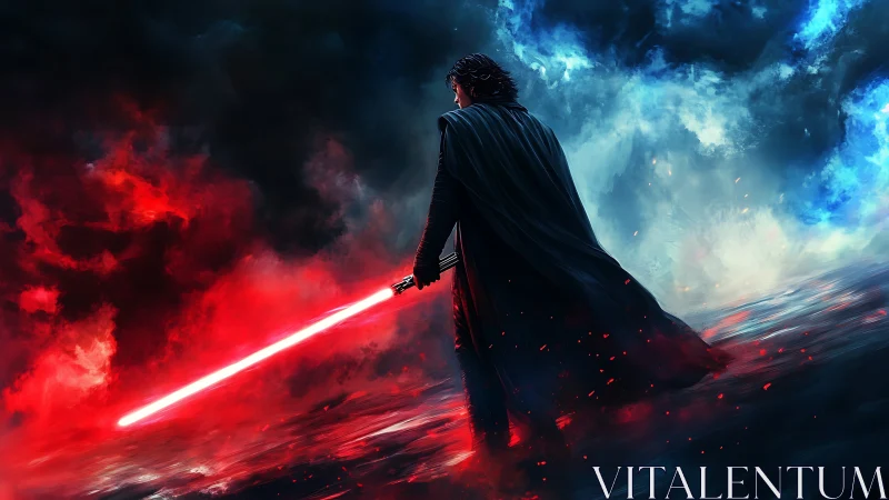 Cloaked figure holds red energy sword amid divided sky