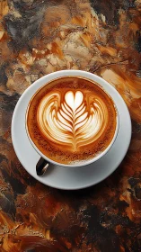 Top-down cappuccino shows precise leaf latte art pattern