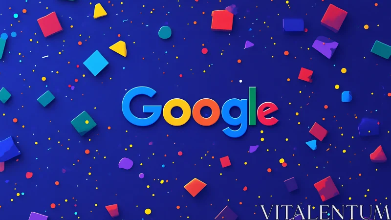 Google logo on deep blue background with colorful confetti.