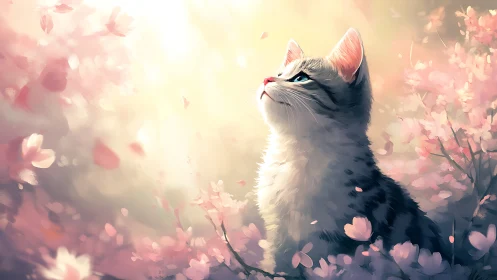 Translucent White Feline with Rose Petals in Diffused Bokeh Garden Light