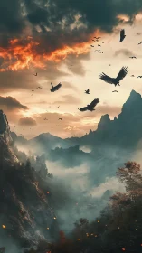 Soaring birds cross misty mountain valley at burning dusk