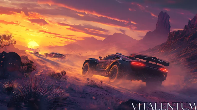 Futuristic rally car speeds through dusty canyon at sunset