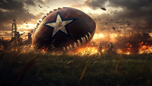 Oversized football in burning field with armored players.