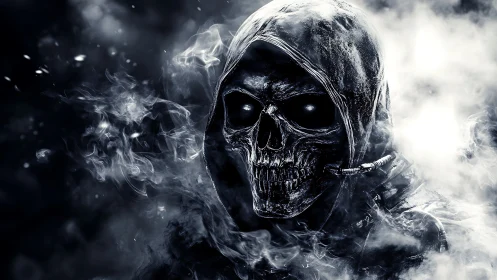 Hooded skeletal wraith in monochrome smoke with glowing eyes