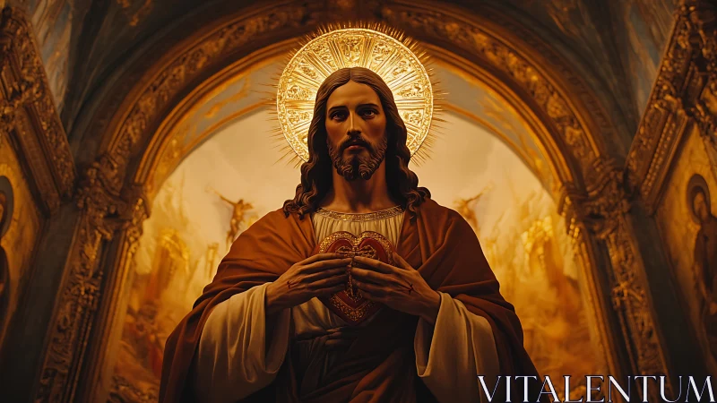 Sacred Heart depiction of Jesus in ornate church interior.