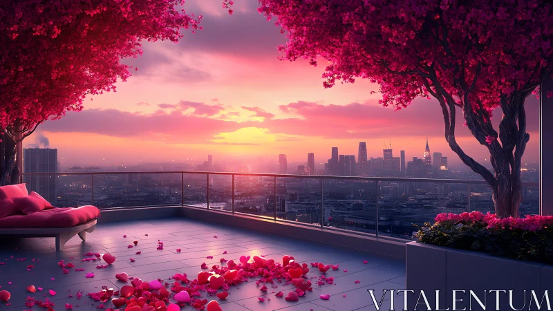 Romantic rooftop terrace with pink trees at sunset.