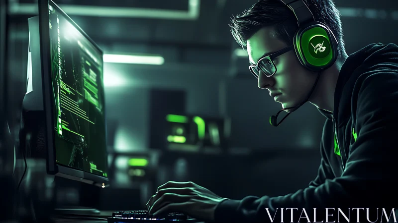 Focused night gamer immersed in neon green glow at PC.