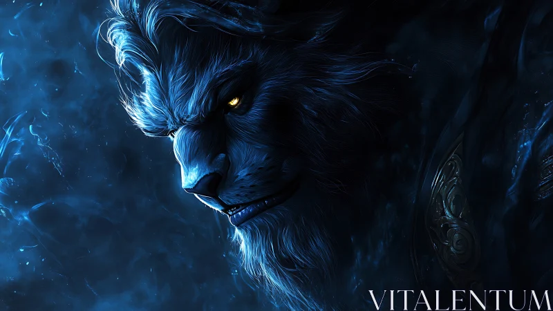 Mythic blue lion warrior rendered in luminous side profile.