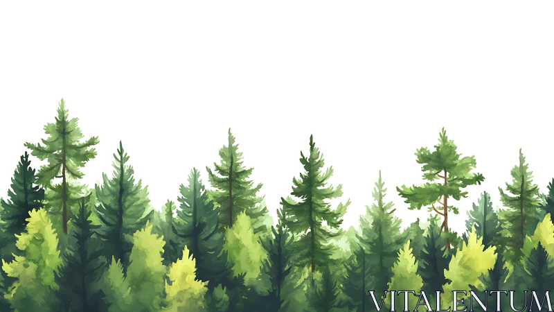 Watercolor evergreen forest skyline with layered foliage.