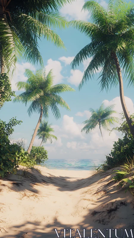 Tropical Beach Paradise Framed by Palm Trees