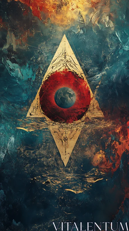 Celestial eye within fractured triangle over cosmic sea.