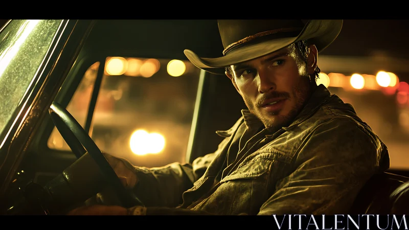 Cinematic low key portrait cowboy driver in pickup at night