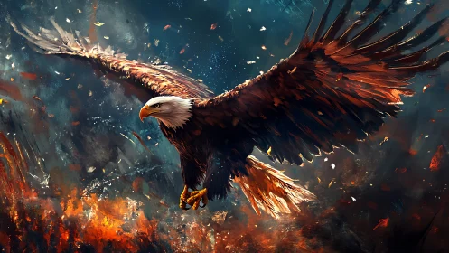 Majestic Bald Eagle Soaring Over Fiery Abstract Landscape Art.