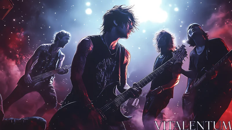 Explosive rock band silhouette under neon concert lights.