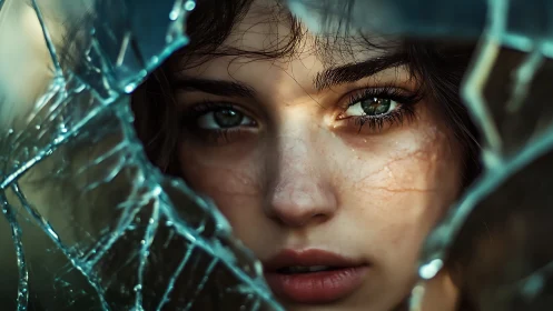 Gentle gaze emerging through shimmering broken glass.