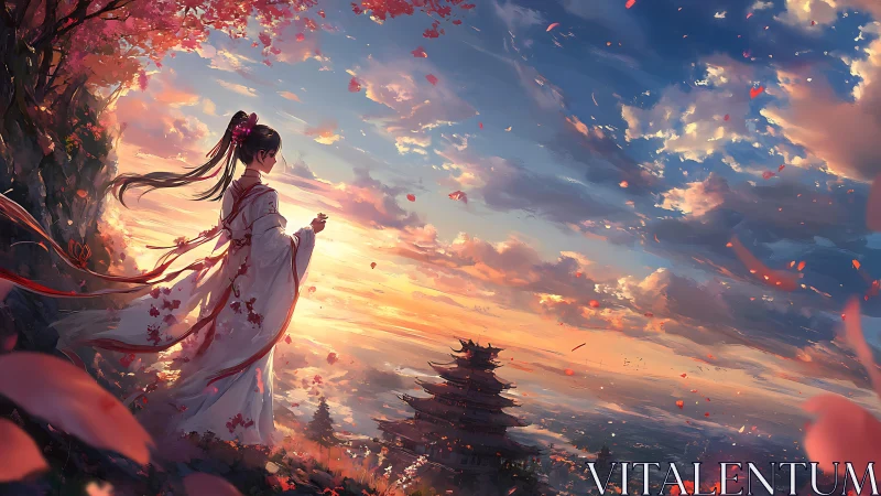 Woman in flowing hanfu overlooks pagoda at vivid sunset