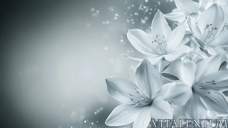 Ethereal white lilies bloom in soft bokeh light.