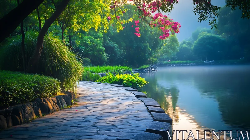 Stone pathway beside reflective lake in dense green park.