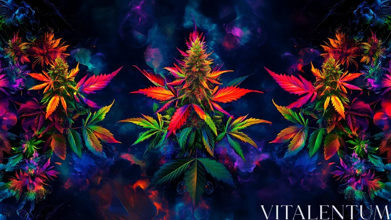 Neon cannabis leaves glow against deep cosmic void.