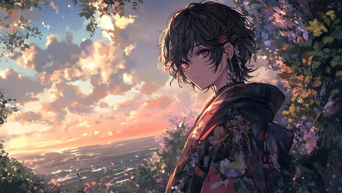 Sunset coast portrait with floral kimono and vivid clouds.