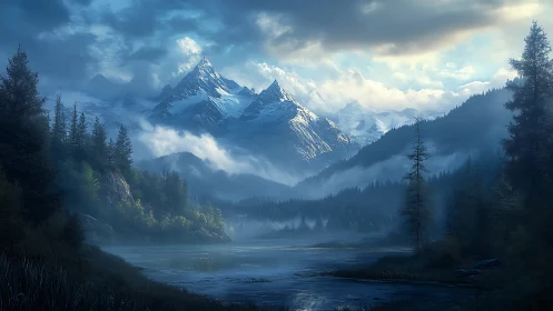 Mist-draped alpine peaks cradle a twilight glassy lake.