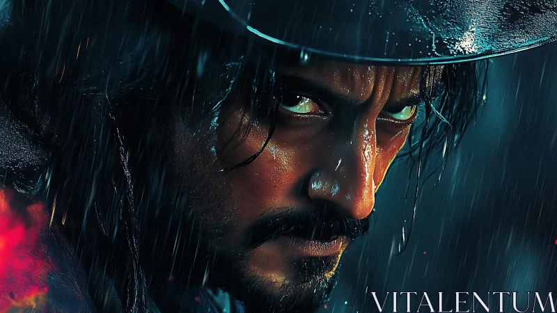 Brooding outlaw under rain with intense cinematic glare.