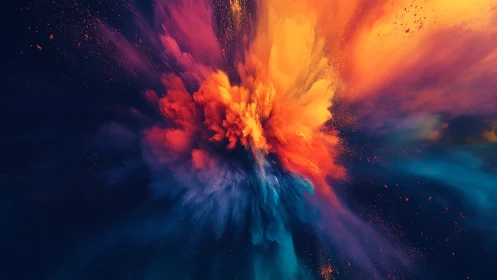 Vibrant orange and blue powder burst on dark space.