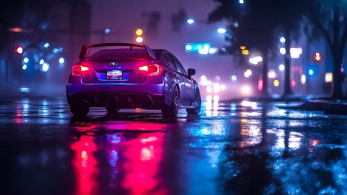 Sport car glows against neon reflections on a rainy city street