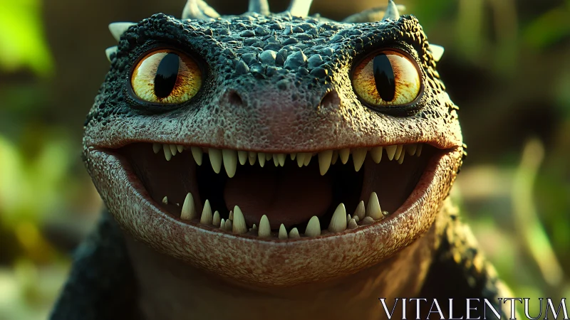 Tiny jungle dragon laughs wide, baring storybook fangs