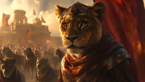 Majestic Crowned Lioness Leads an Ancient Kingdom