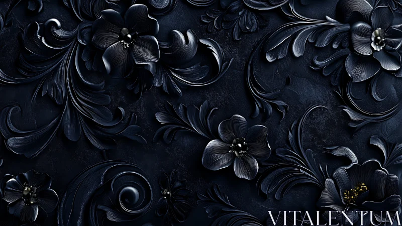 Dark Floral Baroque Relief on Deep Navy Surface.