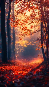 Golden hour forest corridor with vibrant crimson foliage illumination and warm atmospheric perspecti