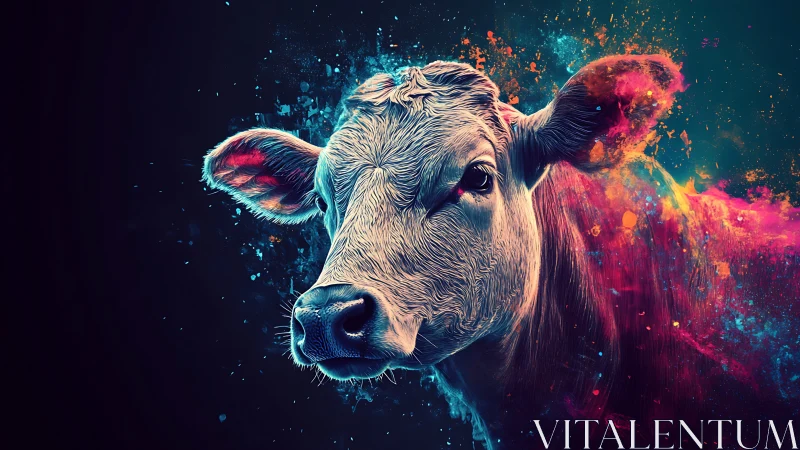 Neon bovine portrait in high-contrast digital painting style.