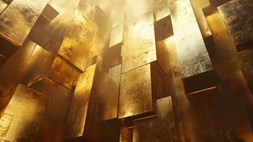Abstract Golden Cubes Wall in Luxurious Metallic Art Style.