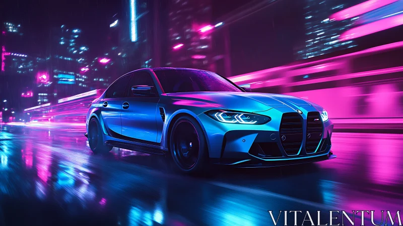 Neon storm sedan slicing through electric midnight rain.