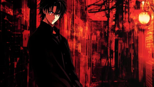 Brooding anime figure in red high-contrast urban alleyway