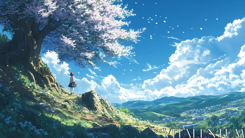 Girl under cherry tree above sunlit valley in spring sky.