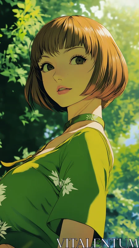 Sunlit anime portrait captures upward gaze in verdant bokeh