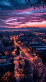 Long-exposure twilight cityscape with luminous traffic trails.