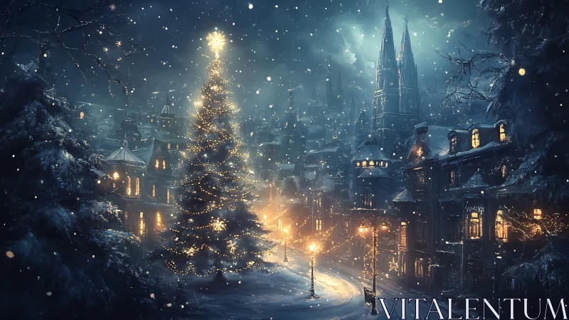 Midnight snowdrifts cradle a cathedral of glowing tinsel