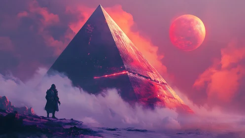 Crimson lunar sky over colossal sci fi pyramid in mist