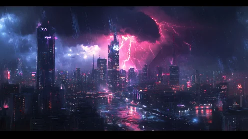 Nocturnal megacity skyline under storm and lightning.