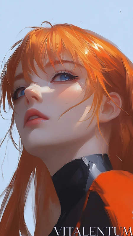 Red haired heroine gazes upward against clear sky