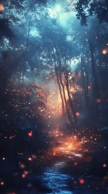 Mystical Forest Path with Floating Light Particles