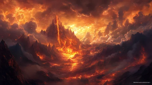 Fiery Realm of Mythical Mountains Rising Through Blazing Clouds