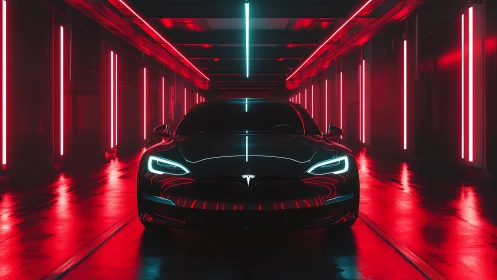 Sleek electric car glows under neon red and cyan lights