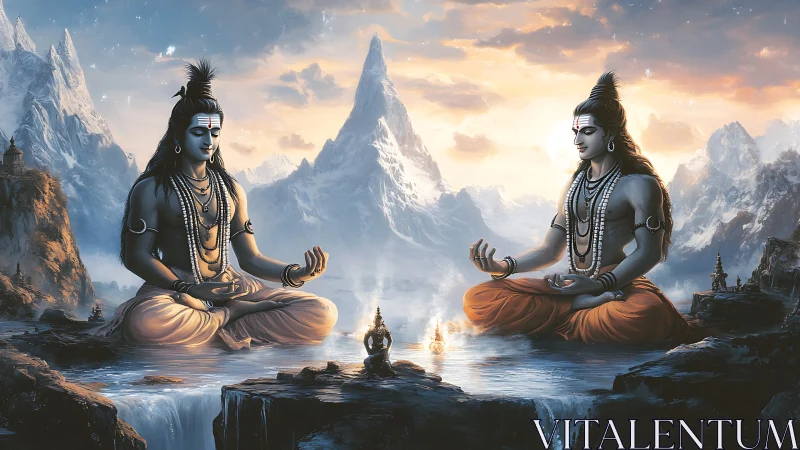 Twin Shiva forms meditate above cascading Himalayan waters