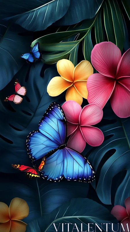 Vivid blue butterflies rest among neon tropical blooms